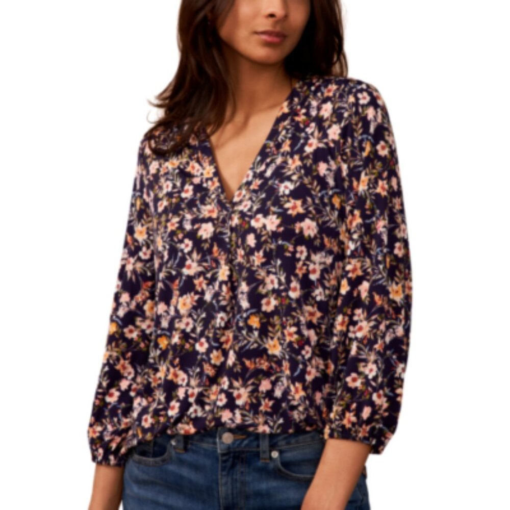NEW Two by Vince Camuto V-Neck Navy Floral Print 3/4 Sleeve Top Shirt Blouse 22